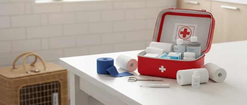 Kit de primeiros socorros veterinários aberto numa mesa com compressas, termómetro e soro fisiológico