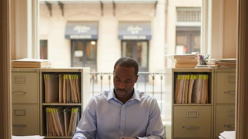 HR manager reviewing Georgia employment policy manual in a Savannah HR office