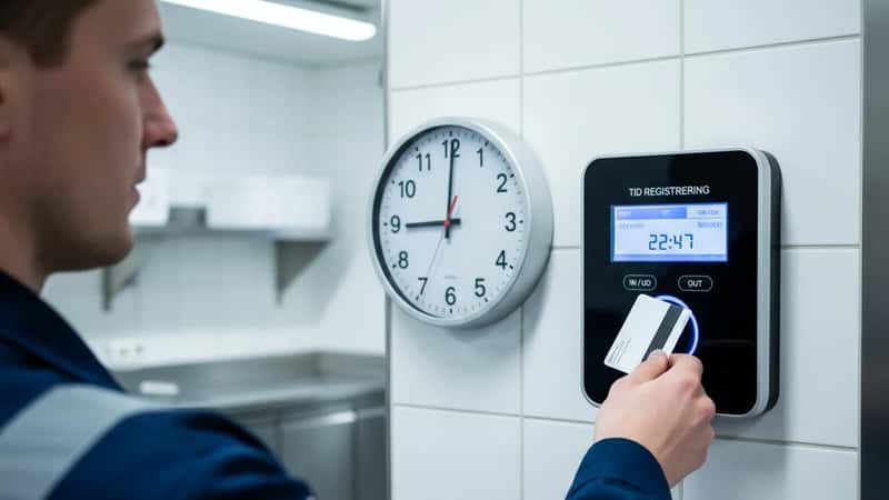 Tidsregistreringsterminal i servicevirksomhed i Esbjerg