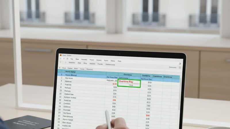 Overhead shot of overtime calculation in Excel spreadsheet on laptop, highlighted cells showing hours-worked column, cool office lighting