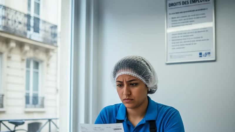 Food service worker in Tulsa break room reviewing pay stub, employee rights poster visible on wall, fluorescent lighting, candid concerned expression