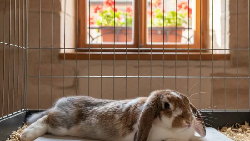 Lapin domestique allongé sur une dalle de marbre fraîche dans sa cage à Strasbourg pendant la canicule