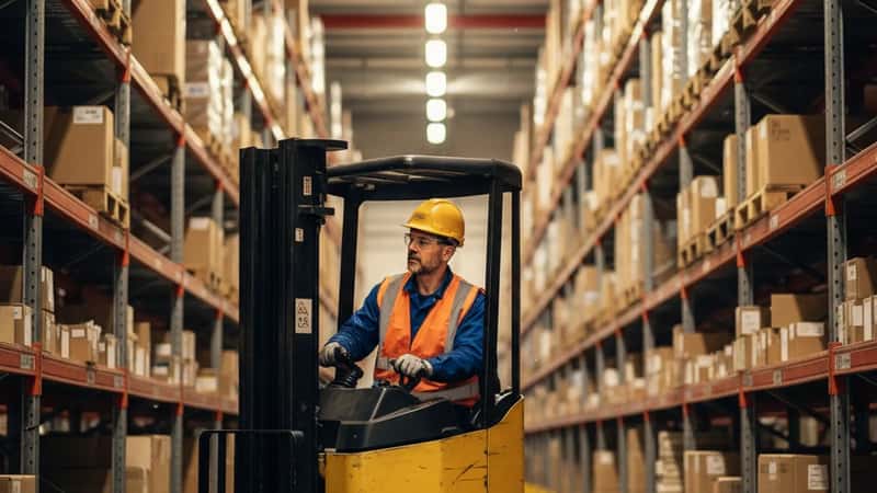 Lagermedarbejder opererer reach truck i dansk distributionscenter i Vejle