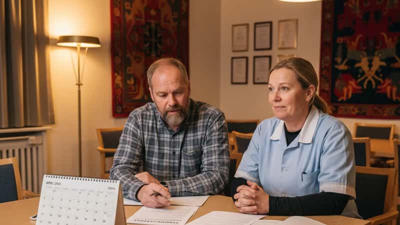 Renholder og fagforeningsrepresentant i Trondheim diskuterer tariffavtale og lønnssatser over dokumenter på bord
