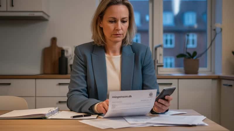 Dansk kvinde gennemgår pensionsopgørelse ved køkkenbord i Aarhus