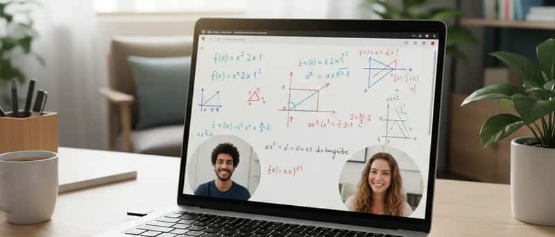 Tela de laptop mostrando quadro digital com equações durante aula particular online