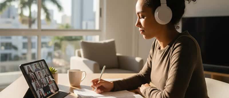 Estudante brasileira usando fones de ouvido e anotando durante aula online em casa