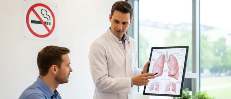 Arzt erklärt einem Patienten ein Lungengesundheits-Diagramm in einer modernen deutschen Praxis