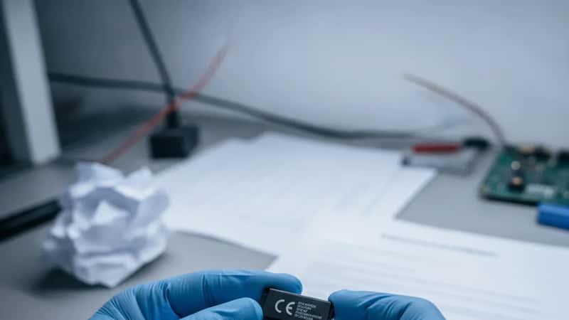 Mains avec gants ESD tenant un composant électronique, marquage CE visible sur l'emballage, documentation de conformité en arrière-plan dans un atelier de réparation à Grenoble
