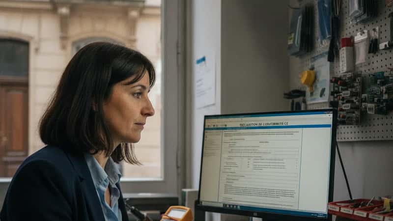 Technicienne française dans la quarantaine examinant une déclaration de conformité sur ordinateur dans un atelier de réparation électronique à Lyon