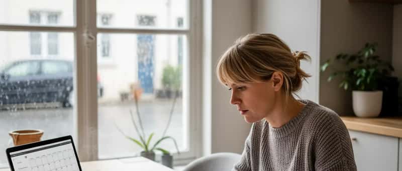Nederlandse vrouw bekijkt juridische documenten aan de keukentafel met laptop en koffie, regenachtig raam op de achtergrond