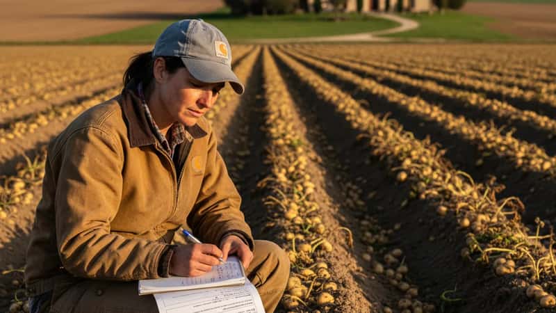 Idaho farm supervisor reviewing FLSA agricultural exemption documentation beside harvested potato rows near Twin Falls, late afternoon field light