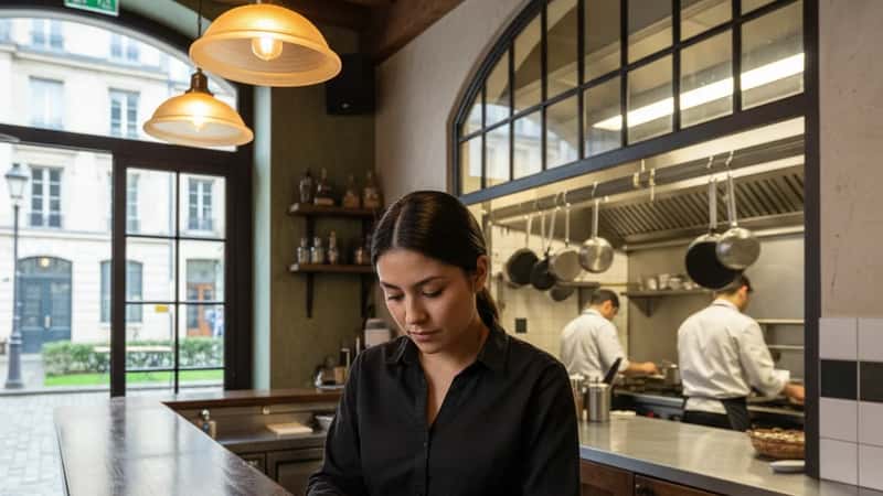 Boise restaurant server counting tip receipts beside an overtime calculation sheet at the bar counter, warm pendant lighting above dark wood bar