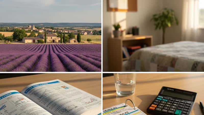 Physics textbook open to energy chapter with handwritten notes and study cards on a student desk in a US suburban home, soft natural daylight