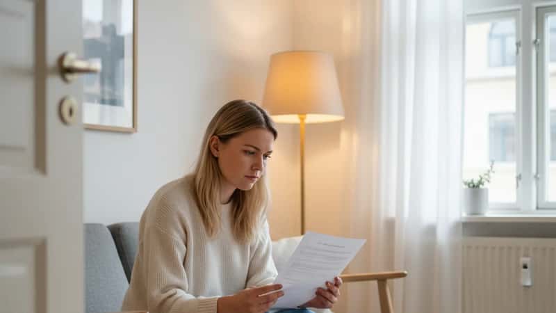 Ung dansk kvinde læser lejekontrakt i en Frederiksberg-lejlighed med skandinavisk indretning og varmt eftermiddagslys
