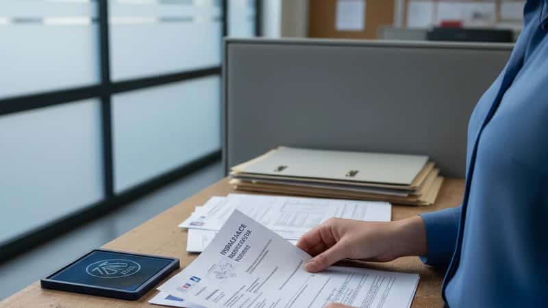 Propriétaire organisant son dossier de permis de détention dans une mairie de Lyon — documents d'identification et attestation d'assurance réunis sur un bureau