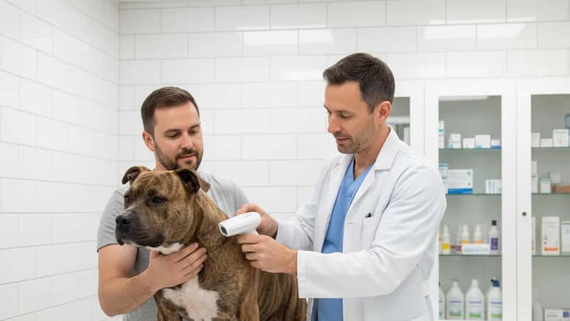 Vétérinaire scannant la puce électronique d'un Pit-bull dans une clinique de Toulouse lors d'une consultation d'identification obligatoire