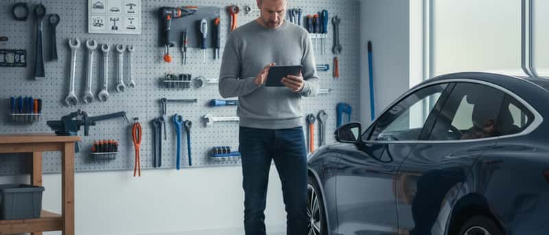 Bilägare granskar OBD2-diagnostikrapport på surfplatta bredvid sin bil i hemmagarage