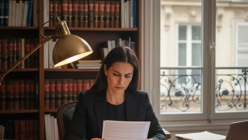 Native American female employment attorney at a Tulsa law office reading an employment contract, warm desk lamp lighting
