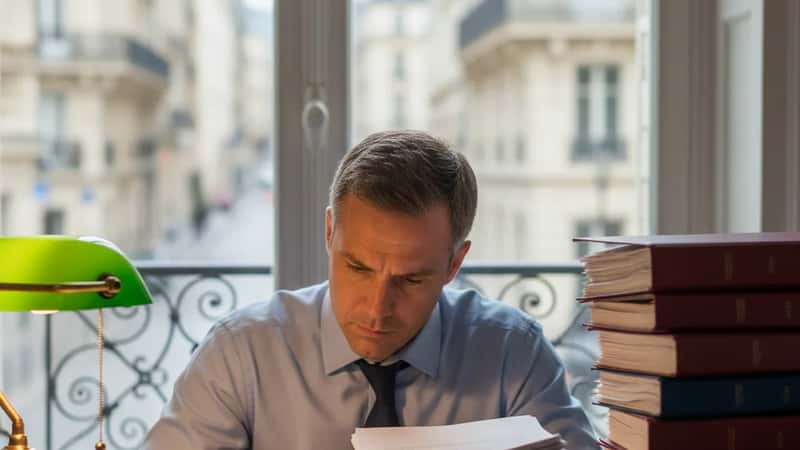 Employment attorney in Hartford reviewing a stack of overtime pay records at a consultation table