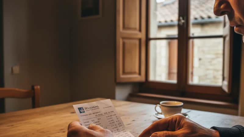 Wyoming worker reviewing a pay stub at kitchen table in Laramie home, comparing to handwritten notes under warm kitchen light