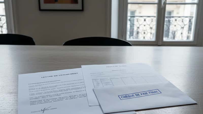 Overhead shot of separation paperwork packet with termination letter, timesheet, and sealed paycheck envelope under fluorescent office light