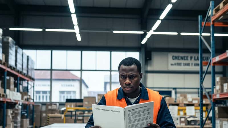 Black warehouse worker in Keene New Hampshire reading employee handbook sick leave policy at break table under fluorescent industrial lighting
