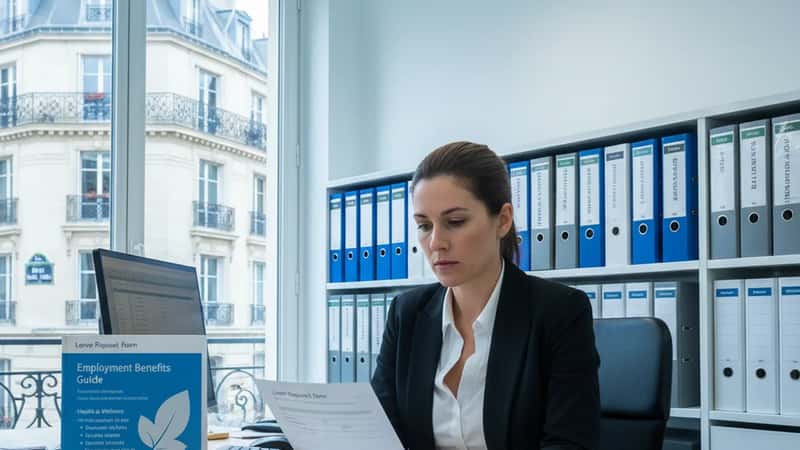 HR manager processing a leave request form at an Oklahoma City desk, employment benefits guide alongside, cool fluorescent office lighting