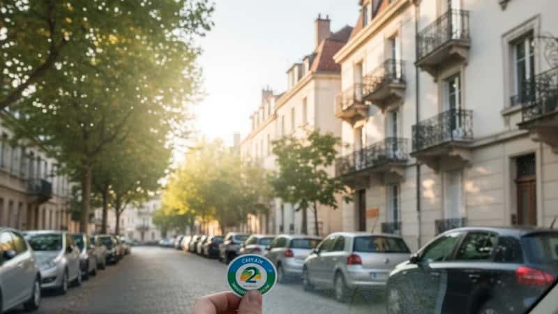 Vignette Crit'Air apposée sur un pare-brise de voiture à Strasbourg