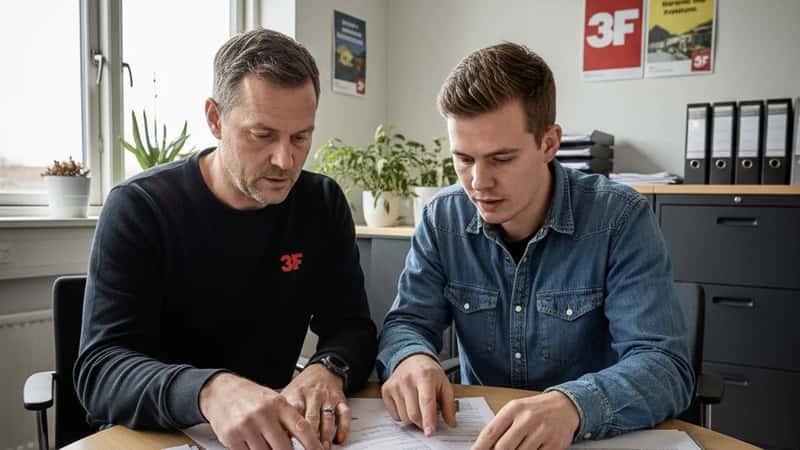 3F-repræsentant og tømrer gennemgår opsigelsesdokumenter i fagforeningskontor i Herning