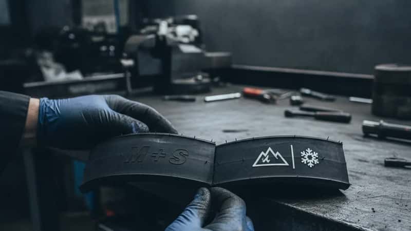 Mécanicien en atelier de Strasbourg comparant le marquage M+S et le symbole 3PMSF sur deux flancs de pneus côte à côte