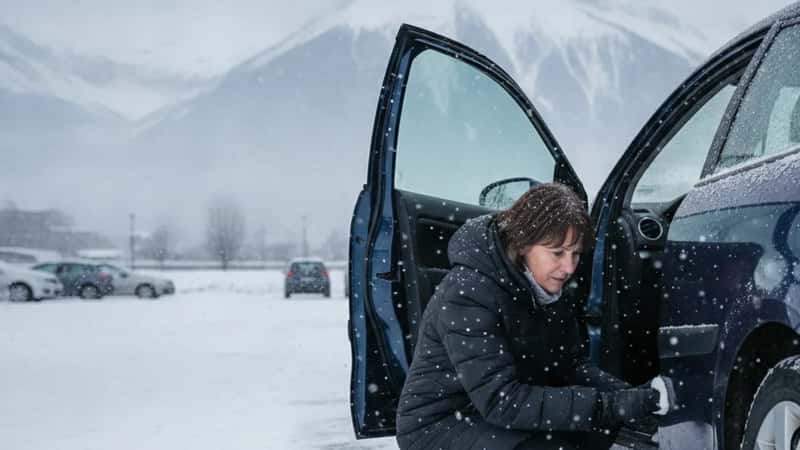 Conductrice française inspectant le flanc de son pneu dans un parking enneigé à Chambéry, montagne en arrière-plan sous un ciel hivernal