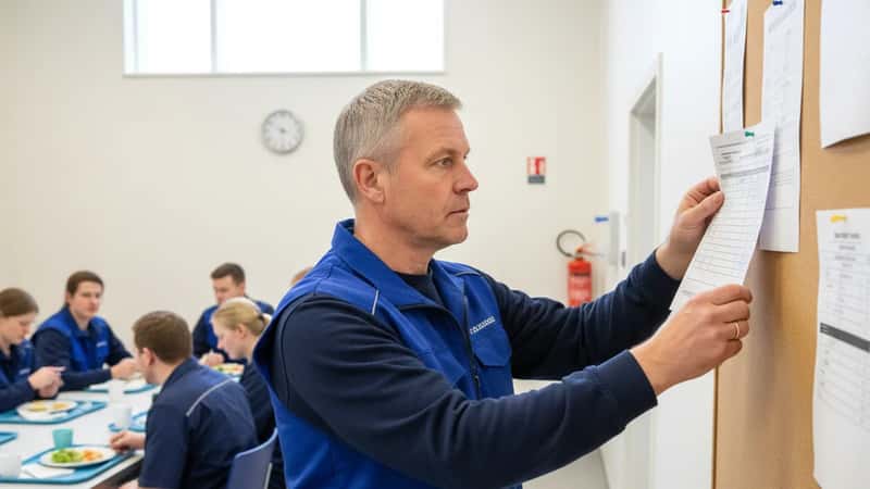 Produksjonsarbeider i Stavanger matfabrikk som henger opp lønnsplan i pauserom