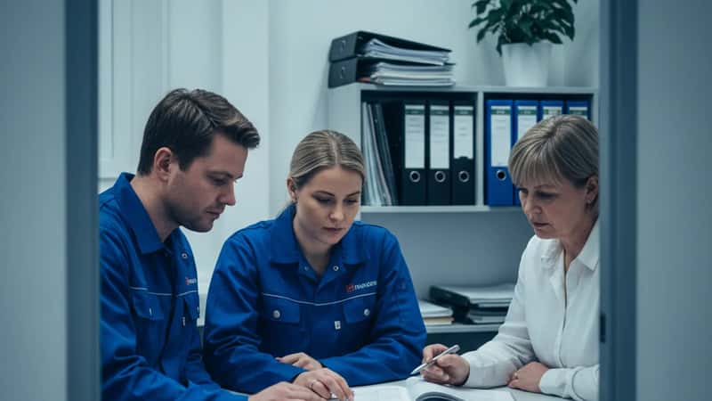 Tillitsvalgt og to arbeidstakere i matindustriens HR-kontor gjennomgår tariffavtale i Trondheim