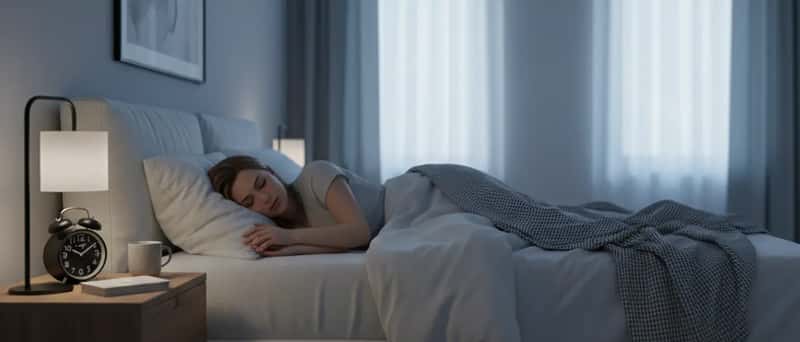 Frau schläft ruhig in einem abgedunkelten Schlafzimmer mit kühler Temperatur