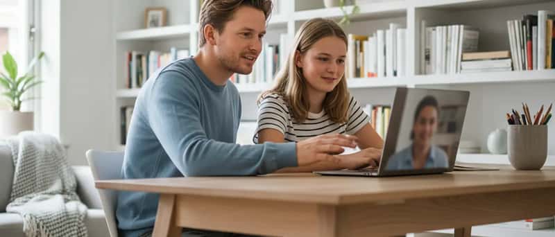 Nederlandse ouder en tiener bekijken samen een laptop tijdens een online bijles in de woonkamer