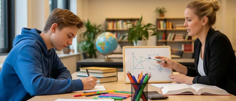 Nederlandse scholier schrijft in een schrift terwijl een bijlesdocent een concept uitlegt aan een bureau