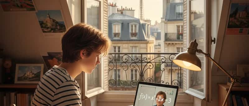 Adolescent français travaillant sur un cours en ligne depuis son bureau, écran de laptop affichant un problème de mathématiques