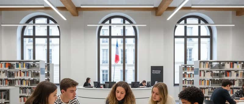 Petit groupe de quatre élèves français travaillant avec une tutrice dans une bibliothèque municipale