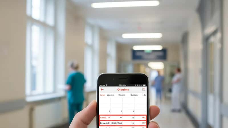 Sjuksköterska kontrollerar schemaapp på mobil med övertidstimmar markerade