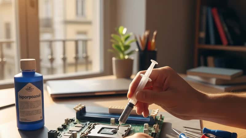 Mains appliquant de la pâte thermique sur un processeur dans un appartement de Lyon, isopropanol et outils de précision sur le bureau, lumière naturelle