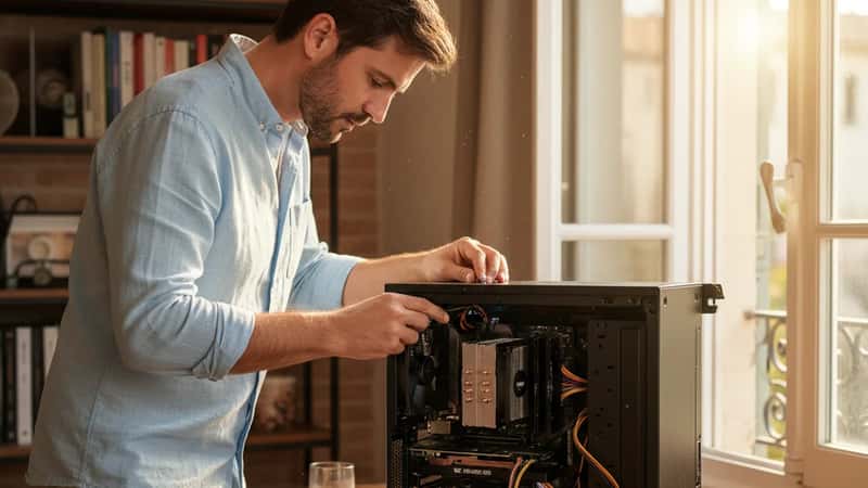Installation d'un ventilateur 120 mm dans un boîtier PC ouvert à Toulouse, homme en tenue décontractée, lumière d'été à travers la fenêtre, câbles et composants visibles