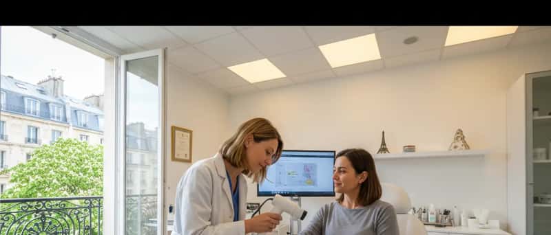 Dermatologin untersucht die Haut einer Patientin mit einem Auflichtmikroskop in einer modernen Praxis