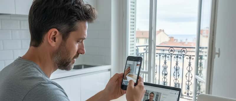 Mann fotografiert eine Hautstelle am Unterarm mit dem Smartphone für eine telemedizinische Beratung
