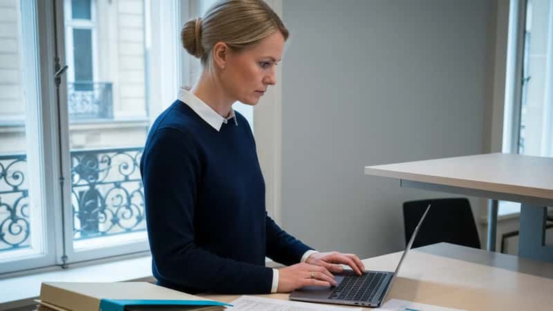 HR-chef i Uppsala granskar lönebildningsrapport i kommunal kontorsmiljö med lönedokument och löneanalysdiagram på skrivbordet