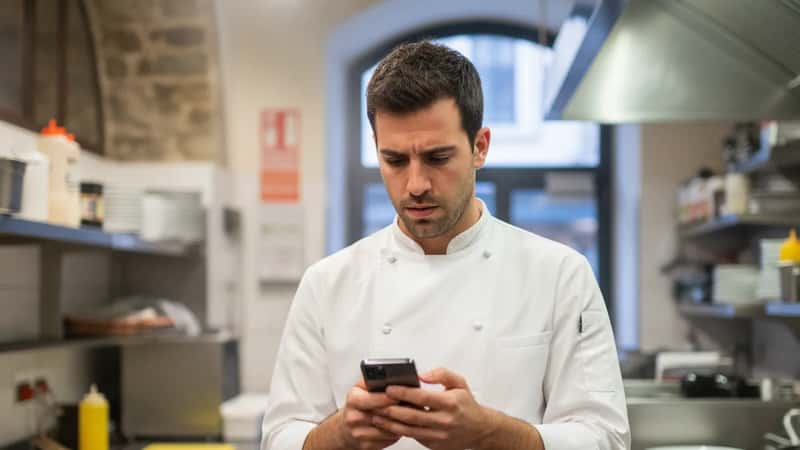 Lavoratore della ristorazione a Genova che controlla il cambio turno dell'ultimo momento sul cellulare