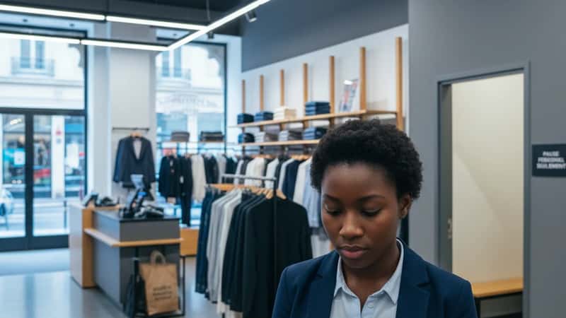 Retail cashier in Wilmington Delaware store checking weekly work schedule on phone during break