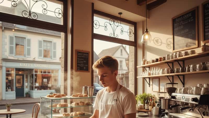 Young worker at Delaware small business coffee counter on first job during morning shift