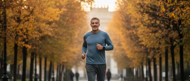 Uomo italiano che corre in un parco milanese durante una mattina autunnale con alberi lungo il sentiero