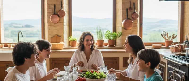 Famiglia italiana che condivide un pasto mediterraneo sano a un tavolo rustico in legno con verdure fresche e olio d'oliva